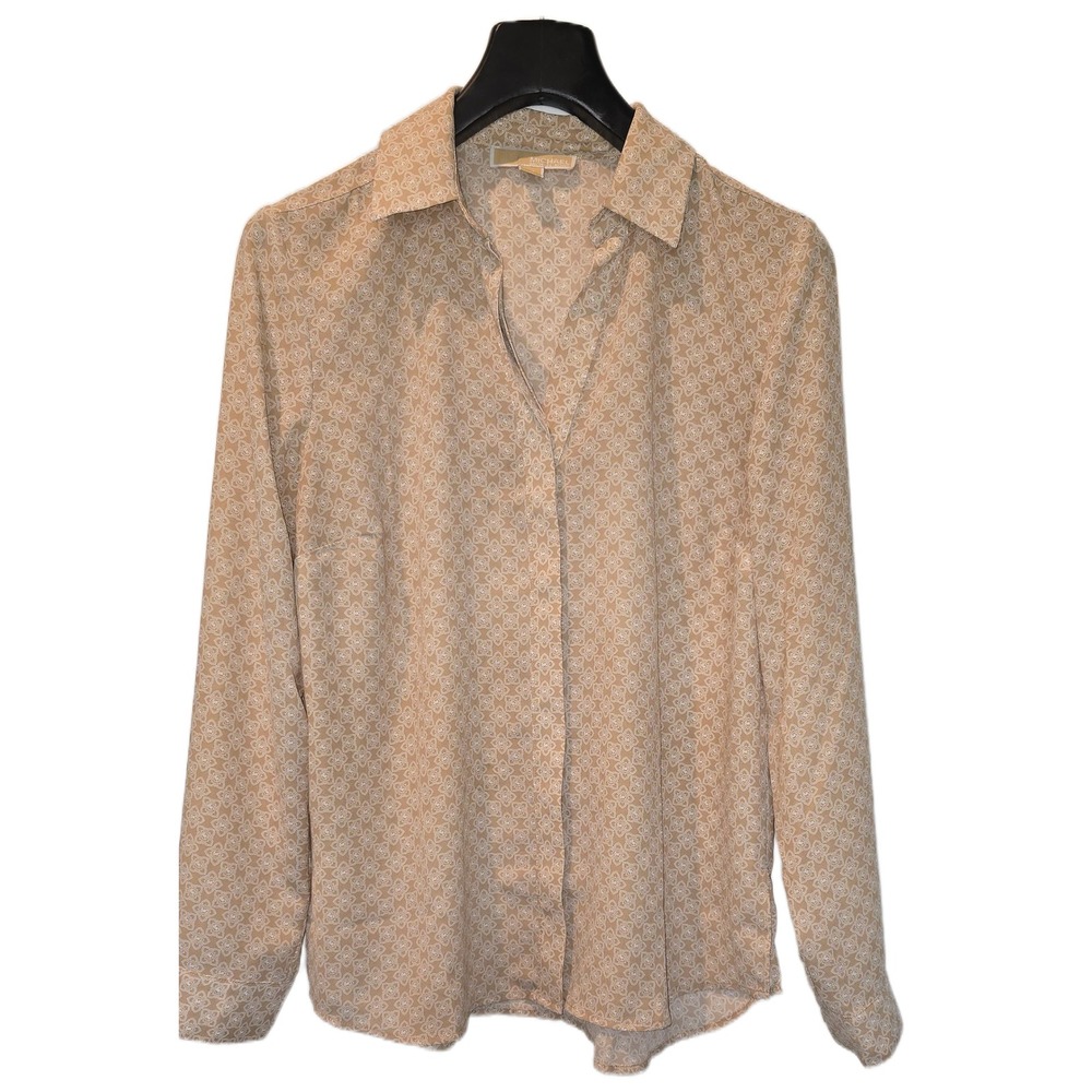 Michael Michael Kors Tan White MK Logo Medallion Button Down Blouse Large